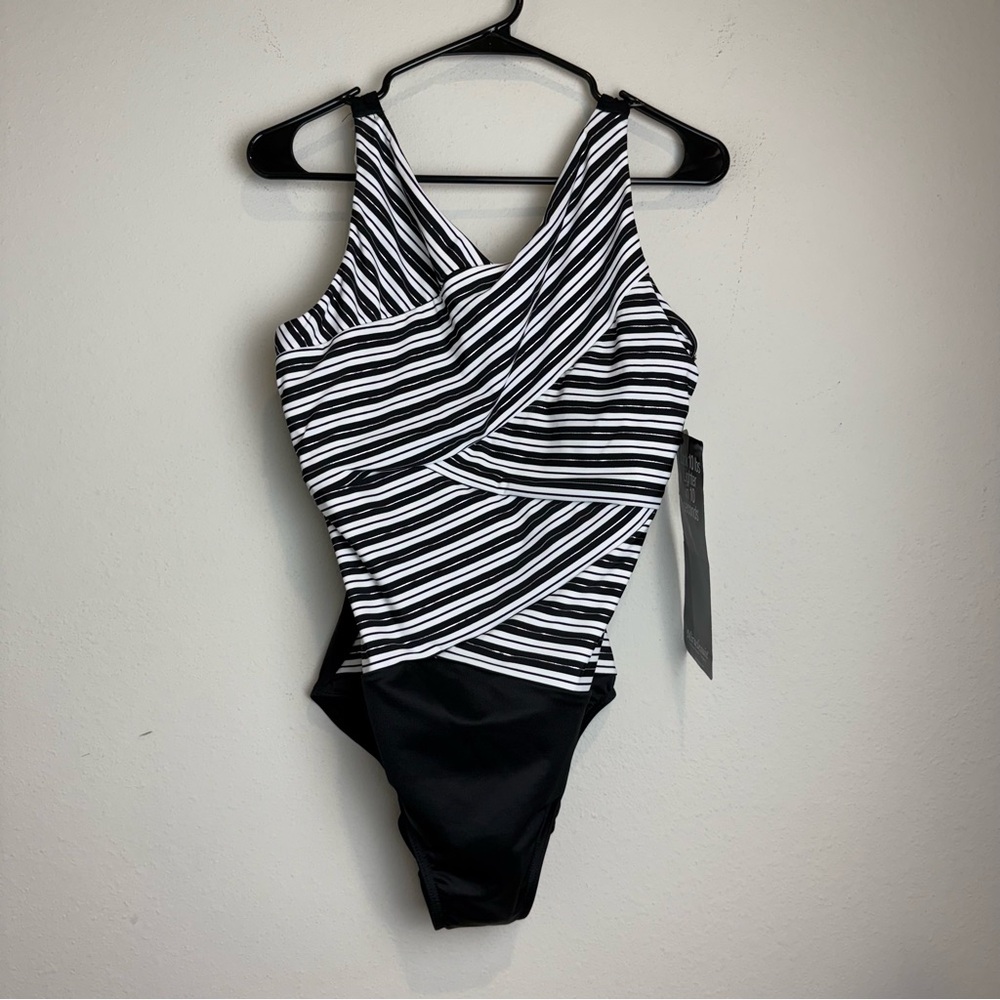 NEW Miraclesuit Brio One Piece Swimsuit Mayan Stripe Black White Silver Size 16